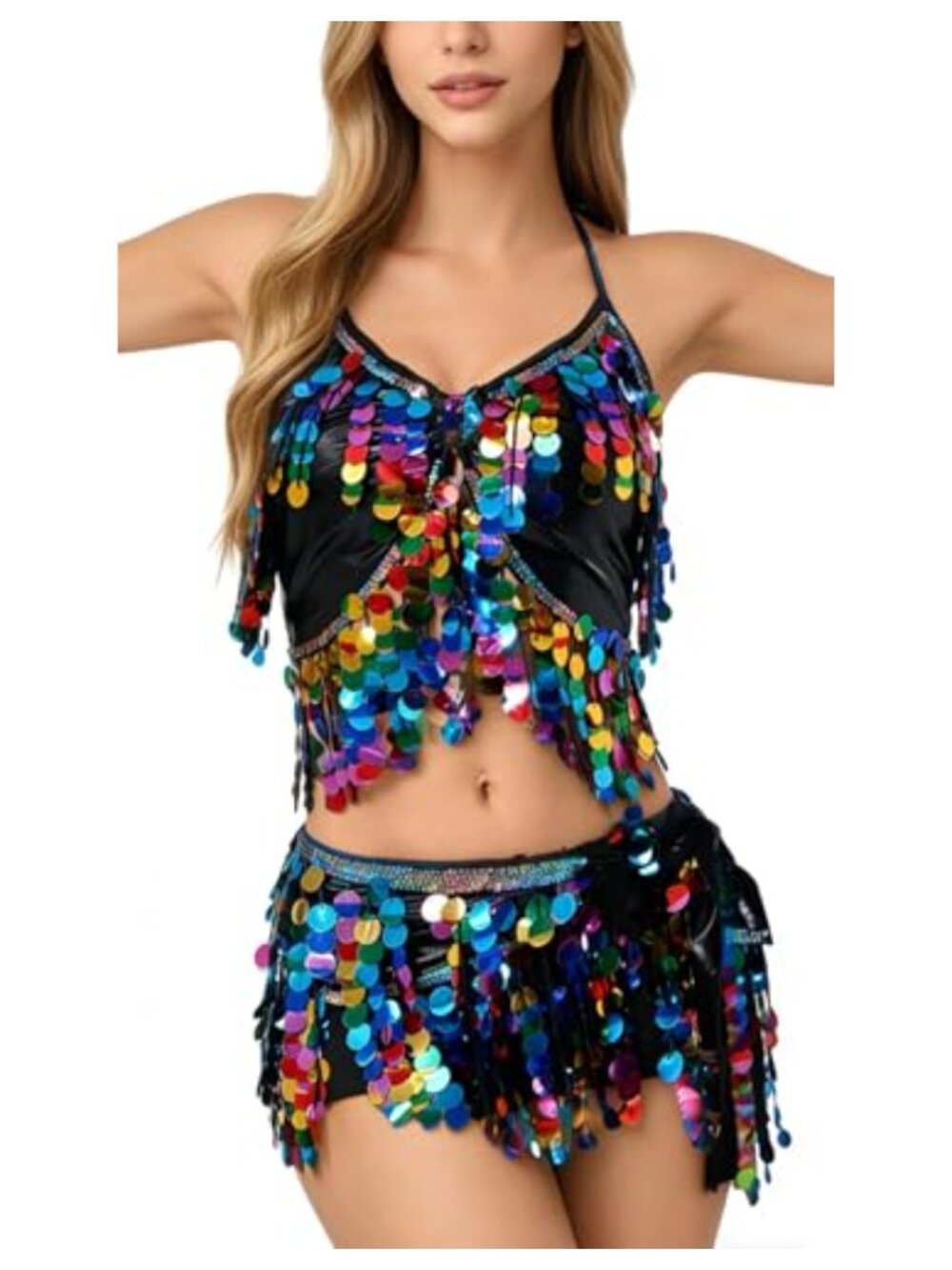 SEAUR Sequin Fringe Belly Dance 2-Piece Set Adjustable Tie-Up Skirt Top